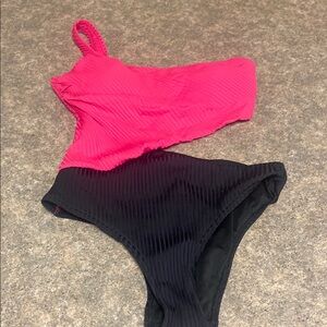 Vibrant Pink and Black One-Shoulder Ribbed Swimsuit